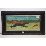 Oil painting of a greyhound in pursuit of a hare, 18.5 x 43.5cm, framed and glazed