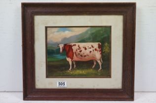 A framed oil painting bovine study of a Craven Heifer cow in a country landscape, 19.5 x 24.5cm,