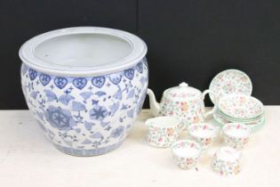 Chinese ceramic blue and white gold fish bowl planter together with a Minton Haddon Hall pattern