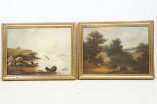 Two 19th Century oil on canvas paintings to include a coastal scene depicting wave on rocks and a