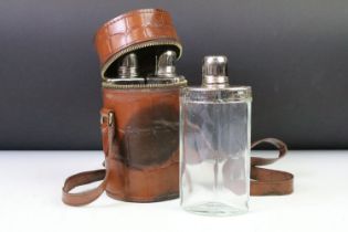 Mulberry Crocodile Effect Brown Leather Spirit Flask Set, the three glass bottles with white metal