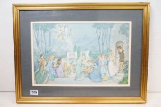 Patience Arnold (1901 - 1991), a watercolour of a fantasy scene with princess ladies and castle,