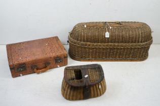 Early 20th C wicker & leather fishing creel with fastening strap, together with a lidded basket of