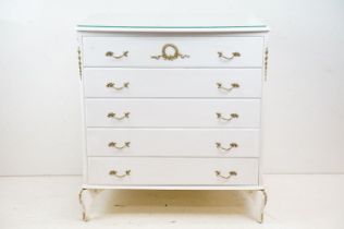 French style White Chest of Five Long Drawers with gilt metal handles and mounts, glass cover to