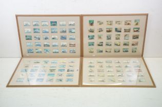 Four framed sets of collectors cards: comprising, rail travel, ships, aviation and motor racing,