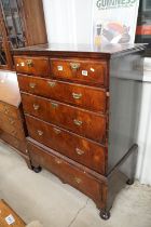 Early 18th century Walnut Chest of Two Short over Four Long Drawers on Stand, with later bun feet,