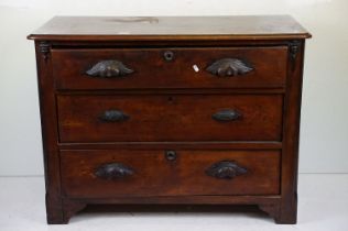 19th century Chest of Three Long Drawers with foliate carved wooden handles, 103cm long x 47cm