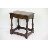 Oak Joint Stool raised on turned and block supports, 41cm wide x 33cm deep x 47cm high