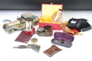 A group of mixed collectables to include tin plate toy car, purses, compasses, snuff bottle ....etc.