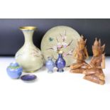 Group of Chinese cloisonne items, 6 pieces, to include a matching vase & plate with cherry blossom