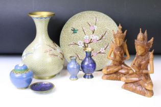 Group of Chinese cloisonne items, 6 pieces, to include a matching vase & plate with cherry blossom