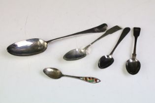 Group of five silver spoons to include a 18th Century spoon (hallmarked London 1761), two Irish