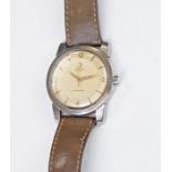 A vintage Omega Seamaster automatic wristwatch, pie pan dial, gold markers, brown leather strap with