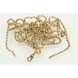 Victorian 9ct yellow gold long guard chain having faceted oval links with swivel clasp. Marked 9ct