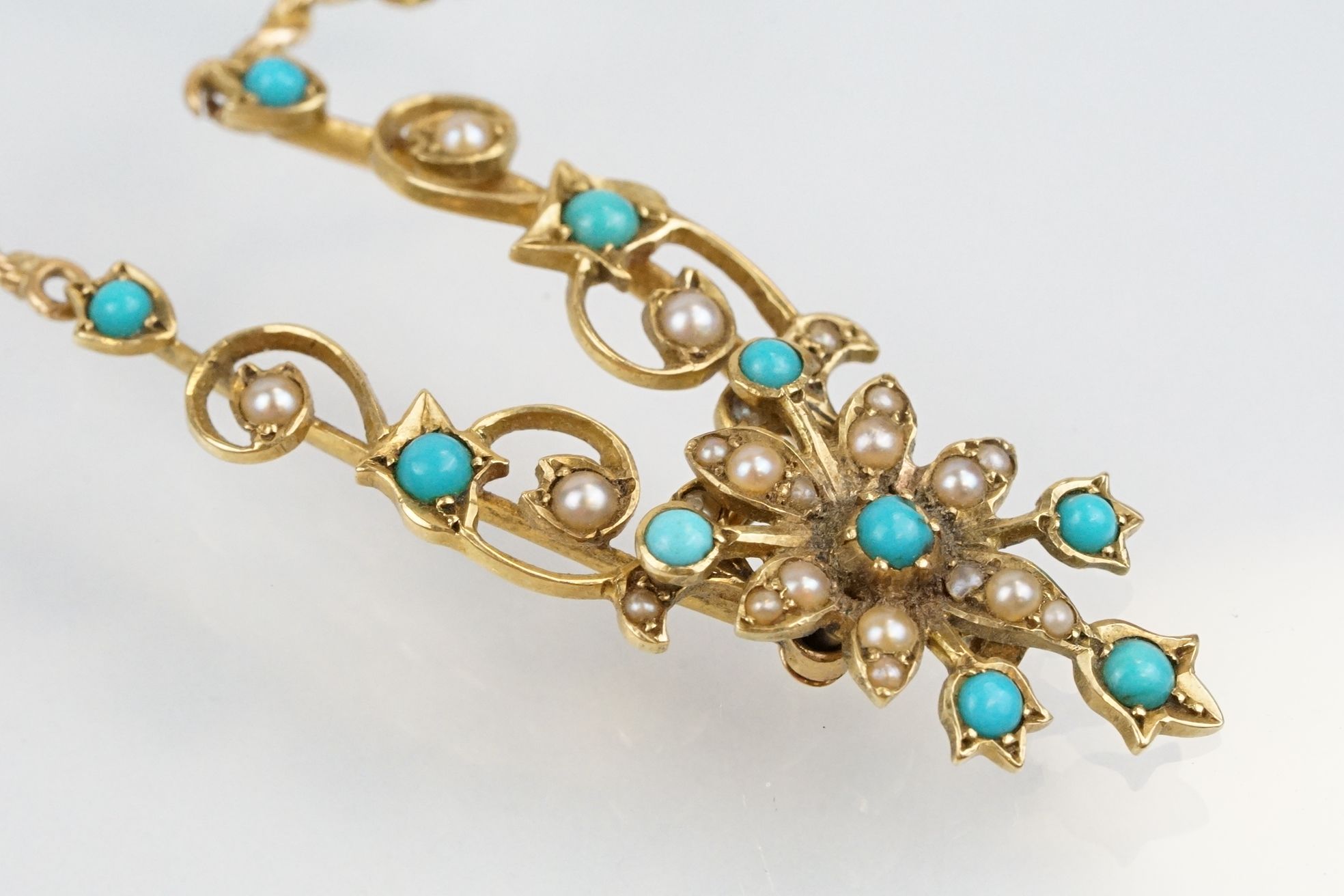 19th Century Victorian 15ct gold, seed pearl and turquoise collar necklace. The floral articulated - Image 3 of 11