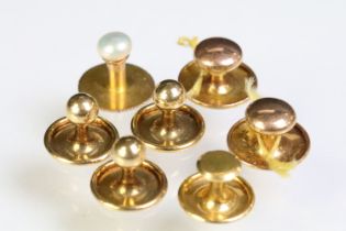 Collection of 9ct gold dress studs including a button pearl set example. All marked 9ct or