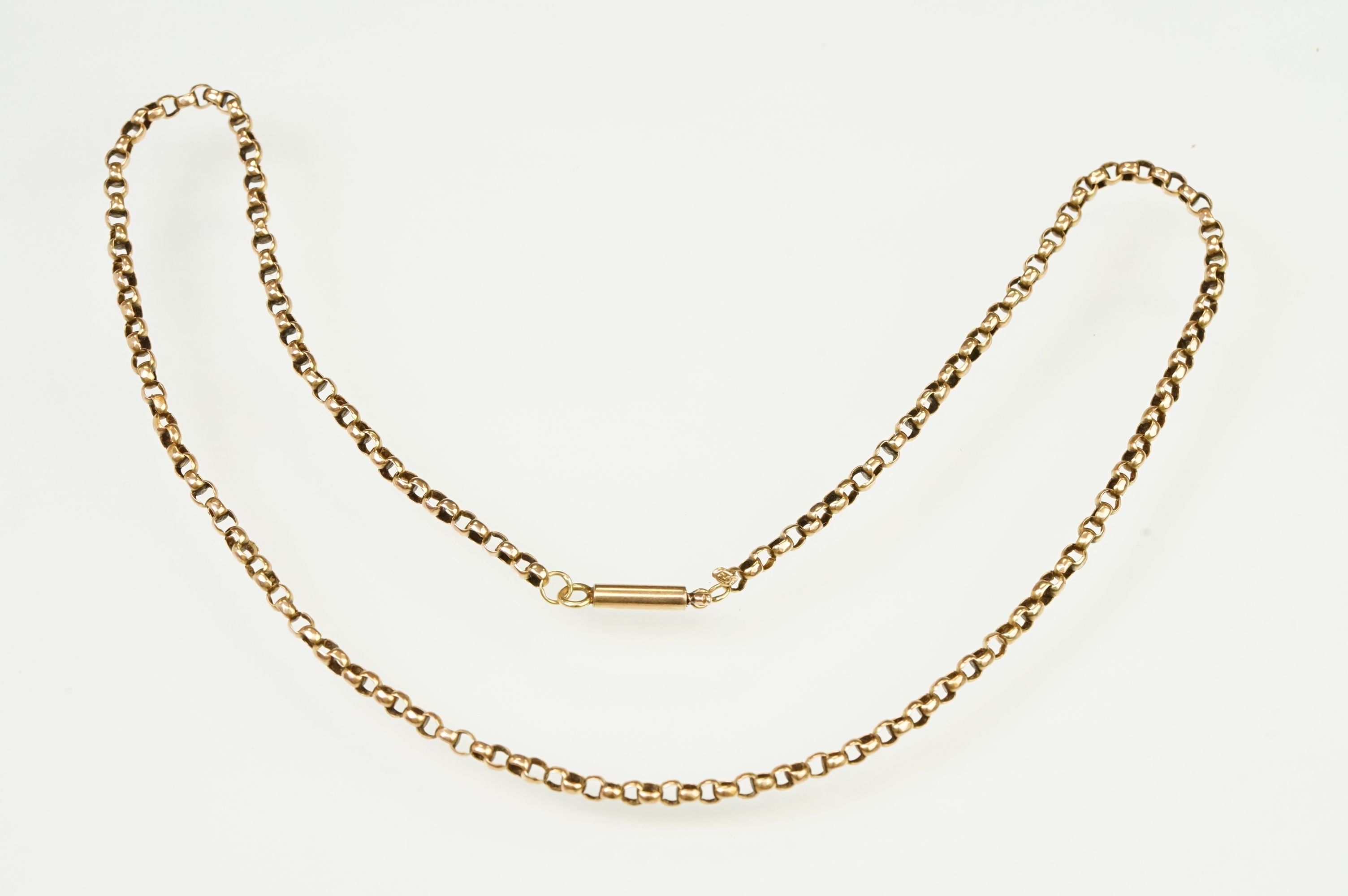Early 20th Century antique 9ct gold belcher link necklace chain with cylinder clasp. Marked 9ct to