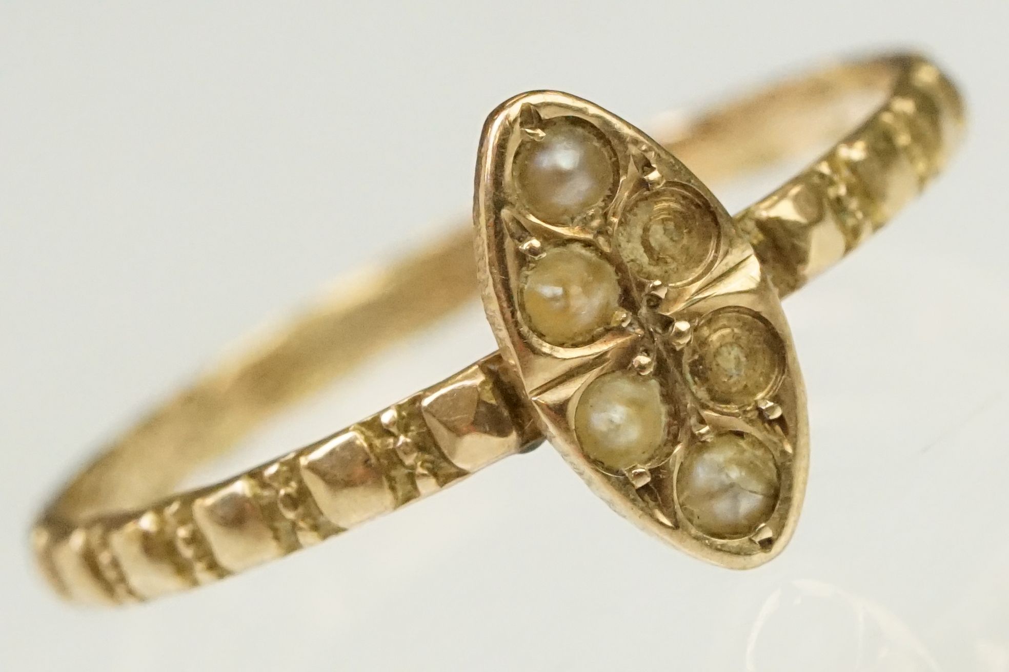 Two antique gold rings to include a Victorian 9ct gold and seed pearl with ring navette head ( - Image 3 of 10