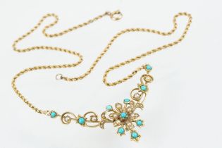 19th Century Victorian 15ct gold, seed pearl and turquoise collar necklace. The floral articulated