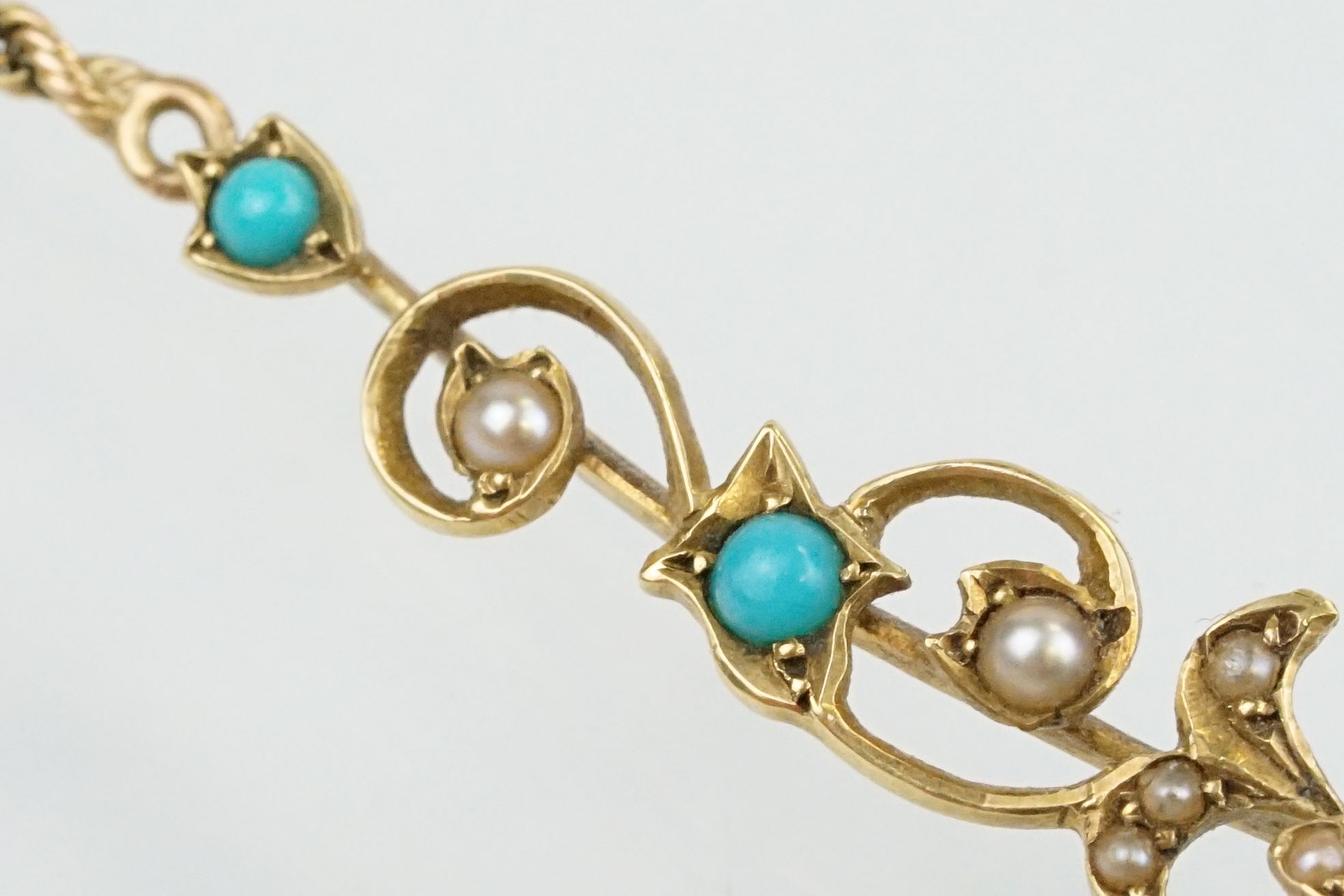 19th Century Victorian 15ct gold, seed pearl and turquoise collar necklace. The floral articulated - Image 10 of 11