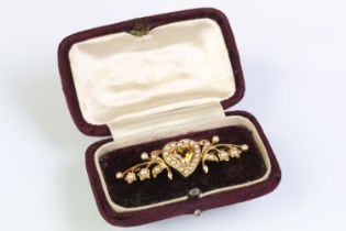 19th Century Victorian gold, citrine and split pearl heart brooch. The brooch having a mixed cut