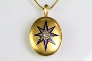 19th Century Victorian diamond and enamel locket and chain. The locket of oval form having a blue