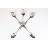 Set of five 19th Century William IV silver fiddle pattern spoons, each with engraved initials to the