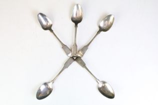 Set of five 19th Century William IV silver fiddle pattern spoons, each with engraved initials to the
