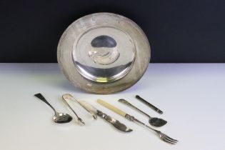 Silver hallmarked plate of plain form (hallmarked London 1964), together with a collection of silver