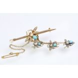 19th Century Victorian gold, turquoise and pearl bar bug brooch. The brooch having a knife bar