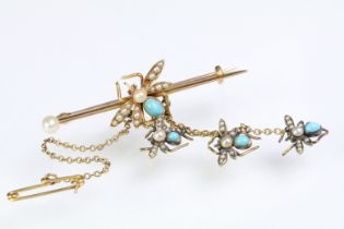 19th Century Victorian gold, turquoise and pearl bar bug brooch. The brooch having a knife bar