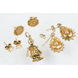 Collection of 9ct gold earrings and pendant to include a gem set articulated clown pendant (