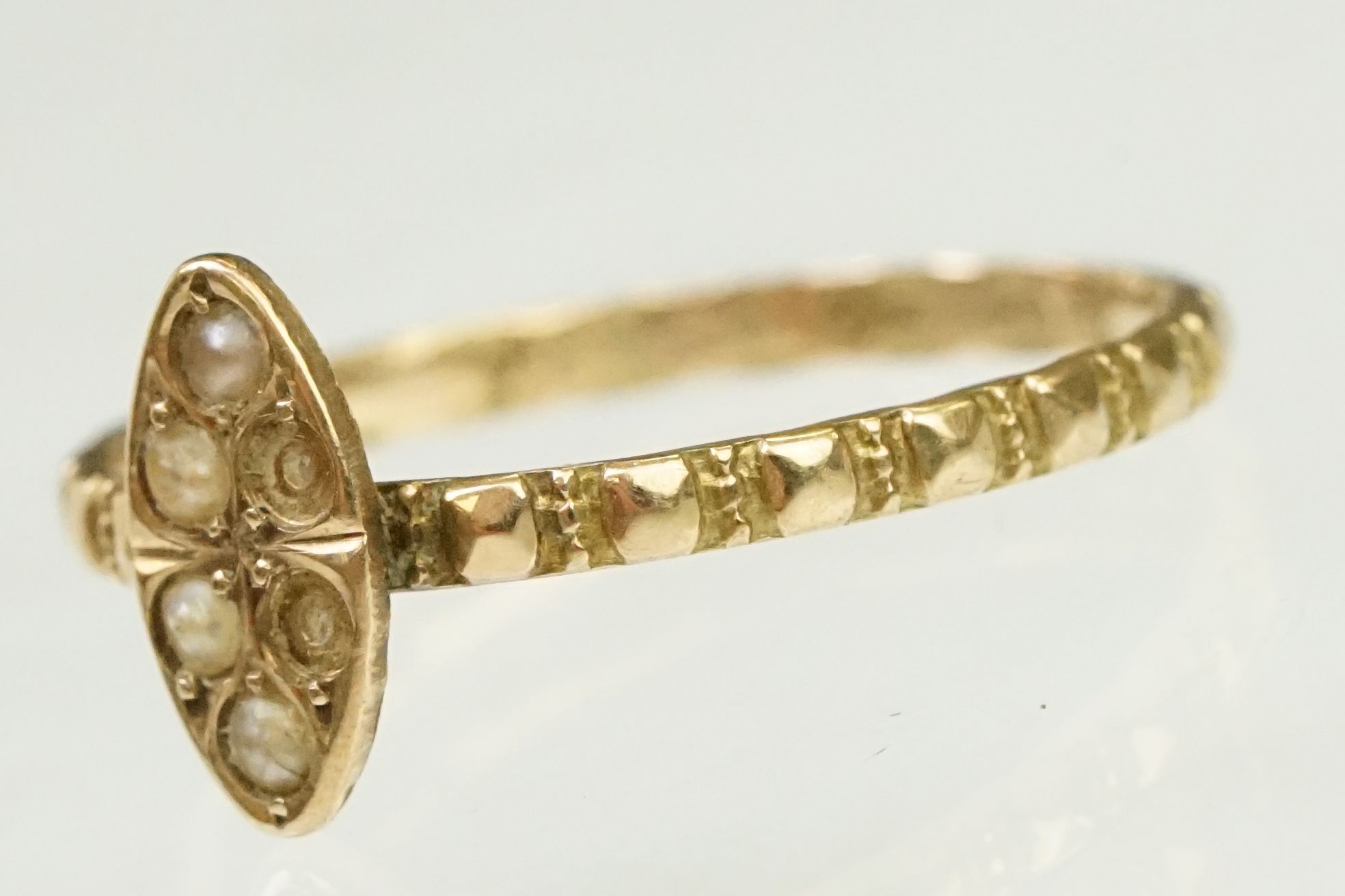 Two antique gold rings to include a Victorian 9ct gold and seed pearl with ring navette head ( - Image 2 of 10