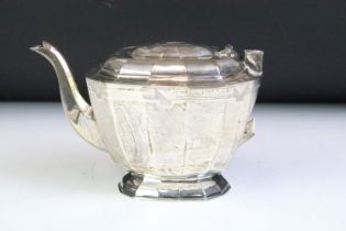 Mid Century silver hallmarked teapot of faceted form, missing handle and finial. Hallmarked