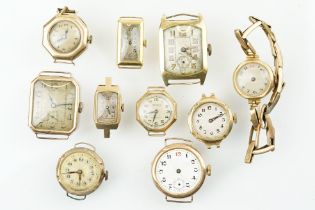 Collection of gold case watches most of Art Deco era. All hallmarked or marked 9ct within case. As