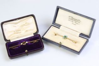 Mid Century 9ct gold and turquoise bar brooch having set with six turquoise cabochons to the centre,