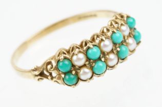 9ct gold hallmarked cultured pearl and turquoise ring being set with two rows of round pearl and