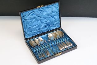 19th Century Victorian silver hallmarked tea spoons and sugar tongs cased set to include eleven