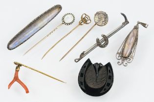 Collection of 19th Century and antique jewellery to include a rose metal stick with reverse carved