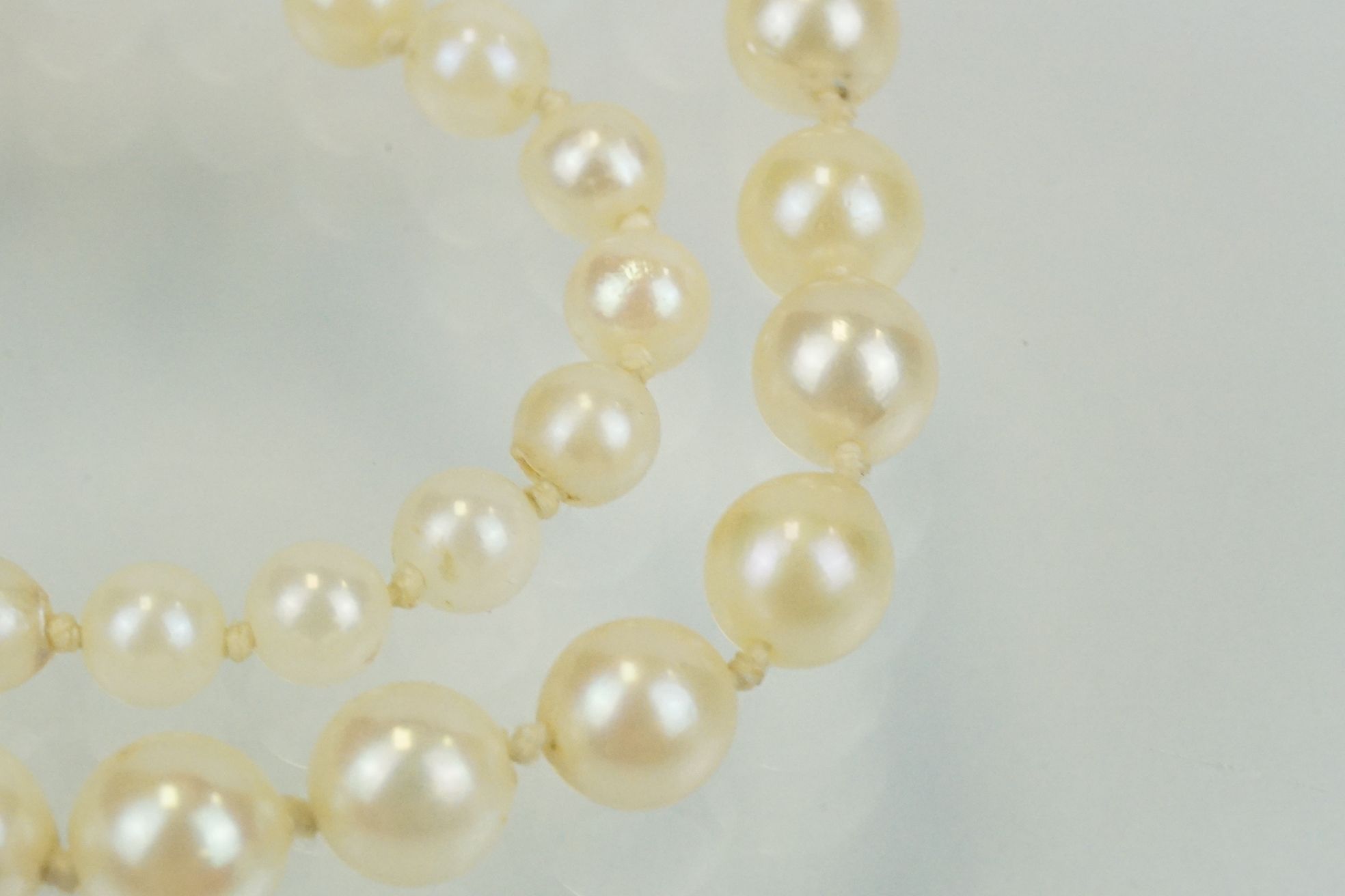 Cultured pearl beaded necklace with a 9ct gold clasp together with a pair of matching pearl drop - Image 4 of 5