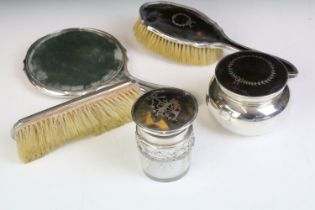 Early 20th Century silver and tortoise shell dressing table set consisting of lidded jar, hair