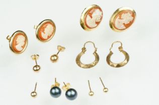 Collection of gold stud earrings to include a pair of 18ct gold cameo earrings, pearl stud earrings,