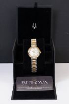 Bulova ladies wristwatch, mother-of-pearl dial, date aperture, stainless steel, C977819, with tag,