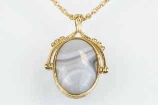 9ct gold swivel fob pendant necklace having an onyx and agate swivel fob pendant on a rope twist