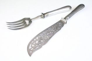 Pair of 19th Century French silver handled fish servers including pierced fork and knife. Each