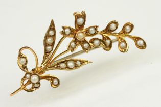 Early 20th Century antique 9ct gold and seed pearl brooch in the form of a floral spray with hinge