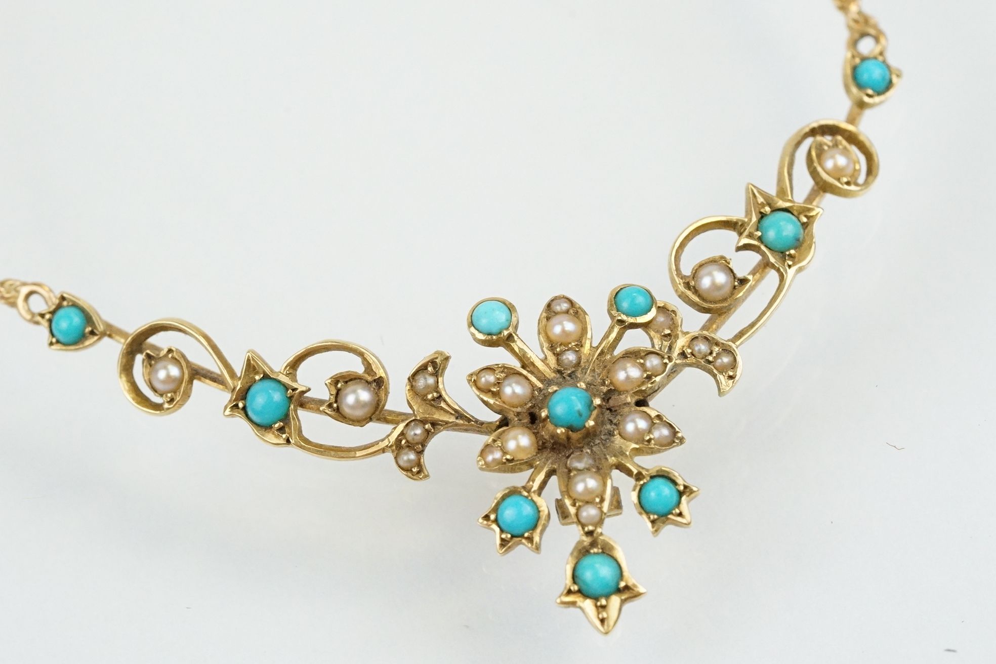 19th Century Victorian 15ct gold, seed pearl and turquoise collar necklace. The floral articulated - Image 2 of 11