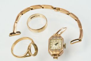 Art Deco 9ct gold case cocktail watch (hallmarked to case), together with 9ct watch strap (af,