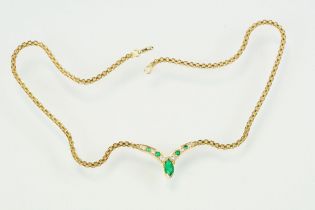 Argenta 18ct gold emerald and diamond collar necklace. The neck having a V shaped panel set with a