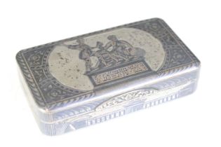 19th Century Russian Imperial silver niello work box. The box having an engraved and niello work lid